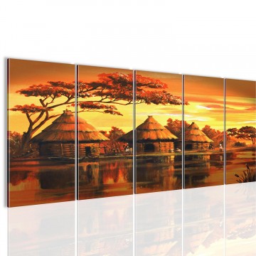 Canvas 5 luik schilderij afrika huis1 220 x 80 cm 000012