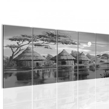 Canvas 5 luik schilderij afrika huis2 220 x 80 cm 000012