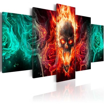 Canvas 5 luik schilderij vuur skull 2 240 x 112 cm a a 0108 b n 0