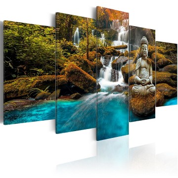 Canvas 5 luik schilderij waterval 2 boeddha 240 x 112 cm c c 0019 b n