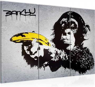 Canvas schilderij 3 luik banksy   aap banaan 130 x 80 cm 302831a wwwuwhuisinrichtingnl