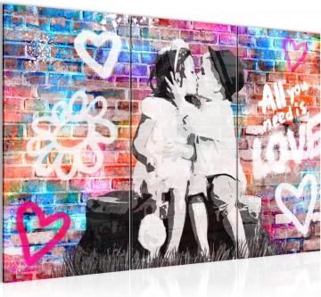 Canvas schilderij 3 luik banksy   first kiss 130 x 80 cm 044631a
