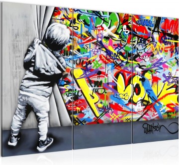 Canvas schilderij 3 luik banksy   gordijn 130 x 80 cm 043531a