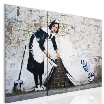Canvas schilderij 3 luik banksy   hiding wall 2 130 x 80 cm wwwuwhuisinrichtingnl