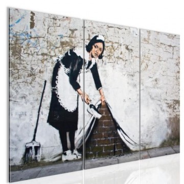 Canvas schilderij 3 luik banksy   hiding wall 3 130 x 80 cm wwwuwhuisinrichtingnl