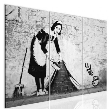 Canvas schilderij 3 luik banksy   hiding wall 4 130 x 80 cm wwwuwhuisinrichtingnl