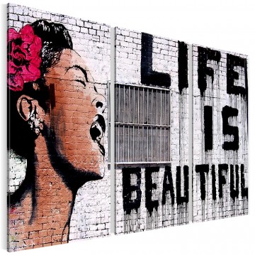 Canvas schilderij 3 luik banksy   life is beautiful 130 x 80 cm wwwuwhuisinrichtingnl