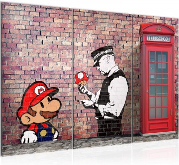 Canvas schilderij 3 luik banksy   mario 130 x 80 cm 032931a