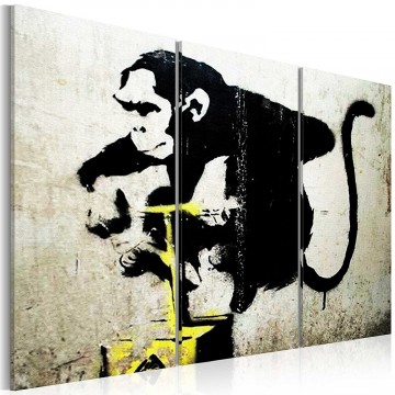 Canvas schilderij 3 luik banksy   monkey explosie 130 x 80 cm wwwuwhuisinrichtingnl
