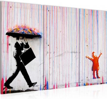 Canvas schilderij 3 luik banksy   regen 130 x 80 cm 040331a