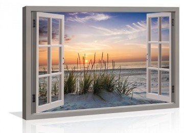 Canvas schilderij noordzee strand raam 120 x 80 cm 5014